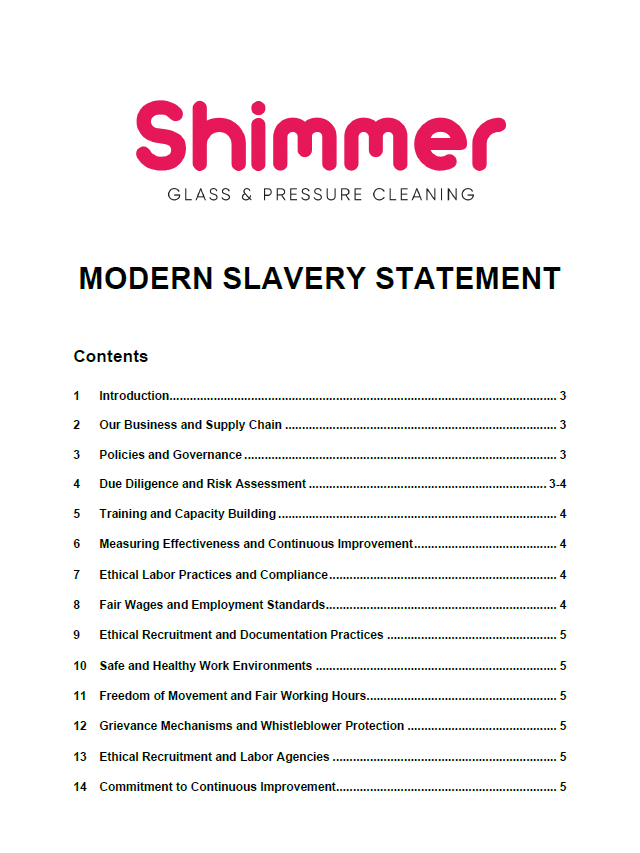 Modern Slavery Statement Sydney Shimmer Compliance