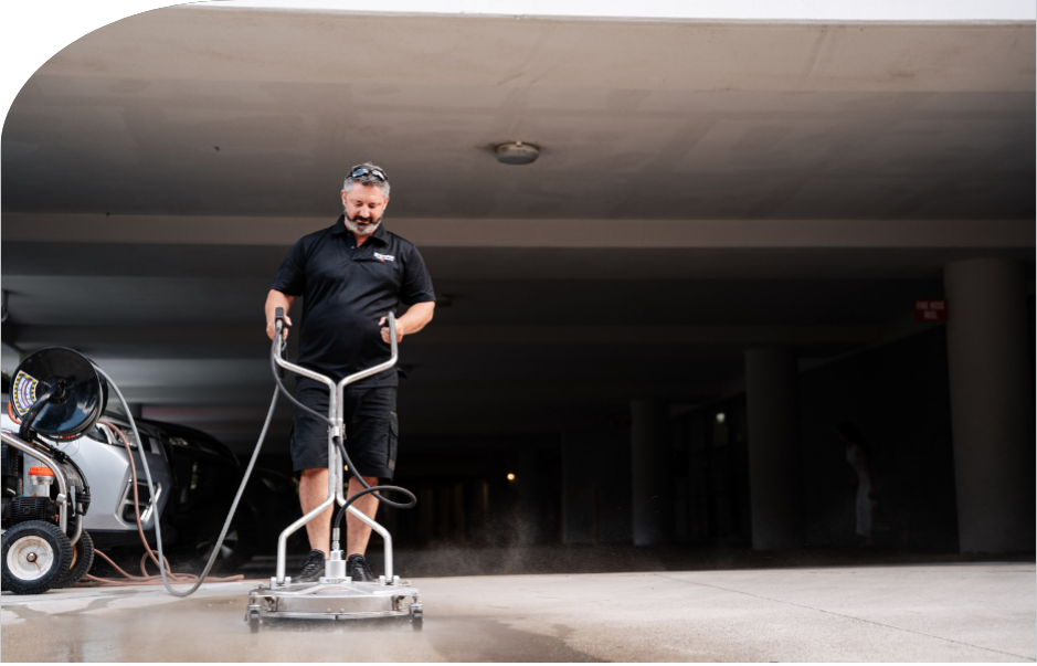 High pressure cleaning of walkways and concrete driveways on a Western Sydney strata for immaculate results.